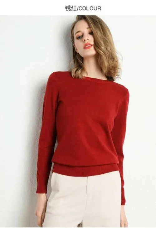 2020 Female Slim O-neck Pullover Cashmere Wool Blending Sweater Autumn