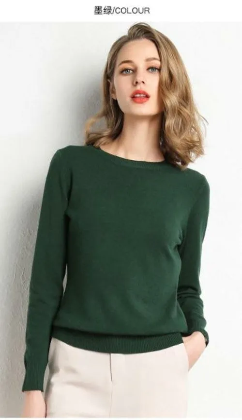 2020 Female Slim O-neck Pullover Cashmere Wool Blending Sweater Autumn