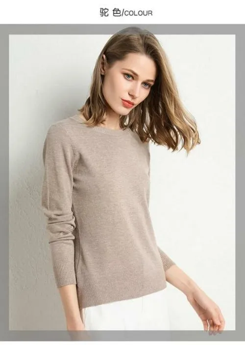 2020 Female Slim O-neck Pullover Cashmere Wool Blending Sweater Autumn