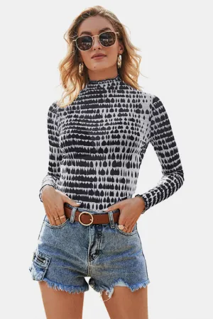 Abstract Ink Print Mock Neck Tops