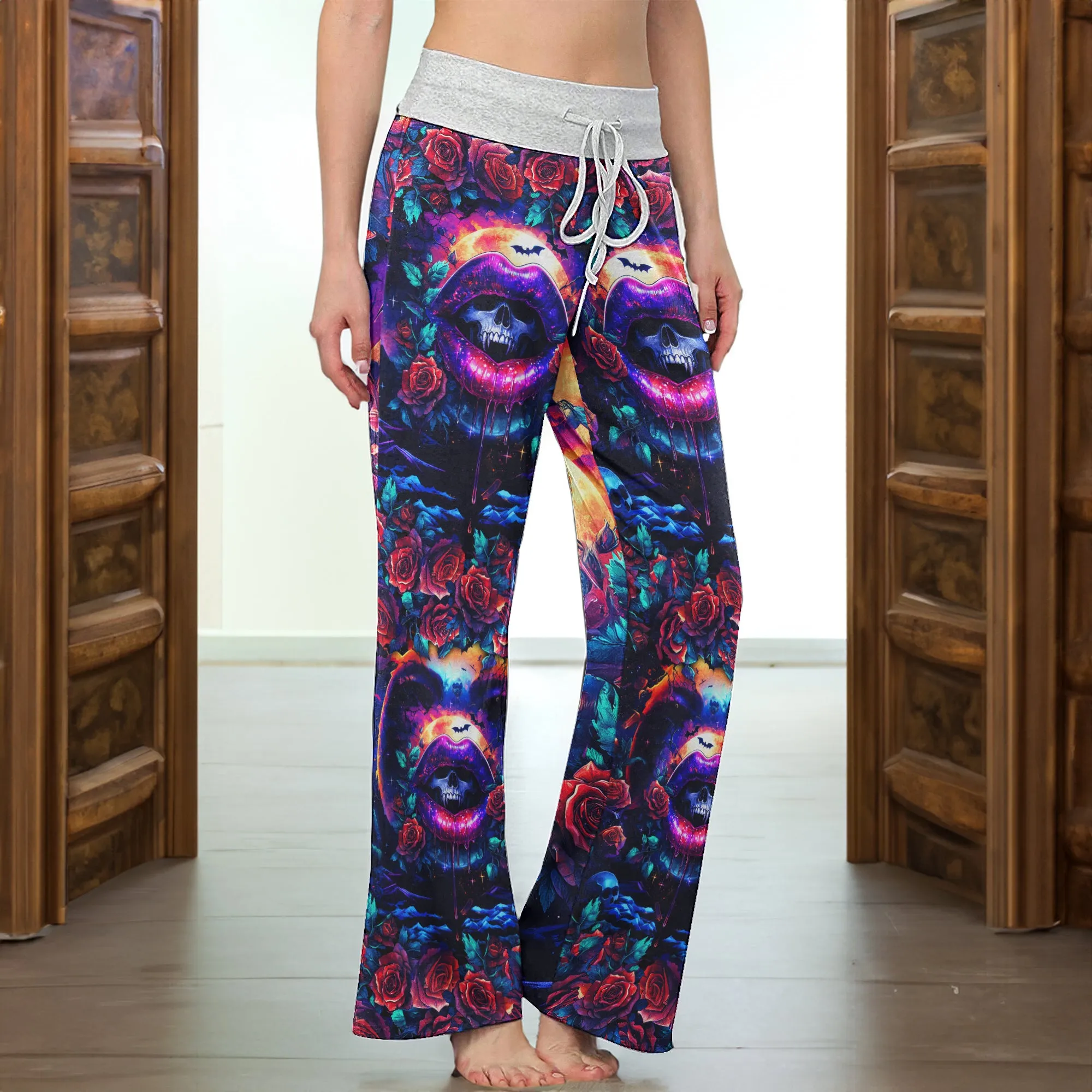 Abstract Skull Lip Rose Women's High-waisted Wide Leg Pants