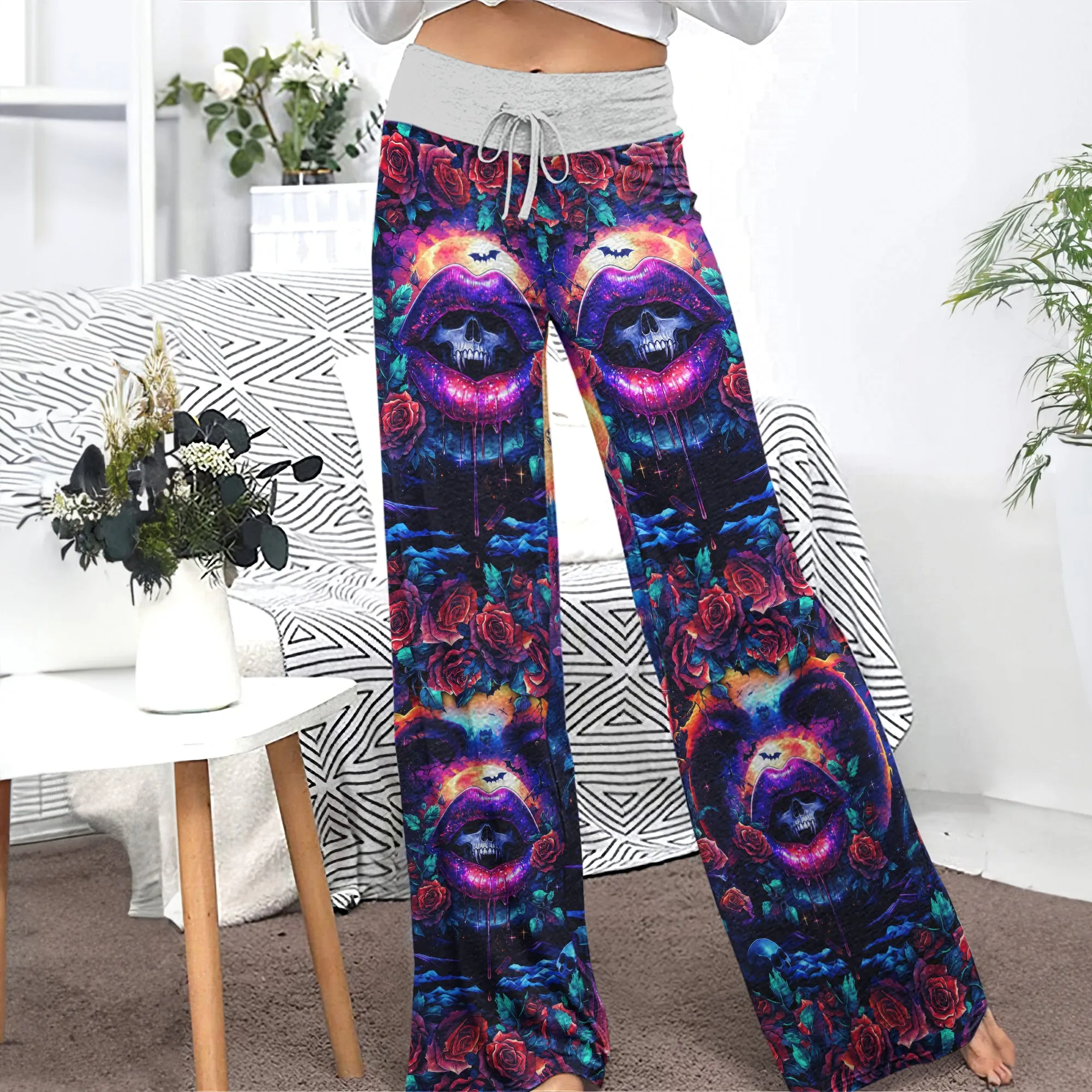 Abstract Skull Lip Rose Women's High-waisted Wide Leg Pants