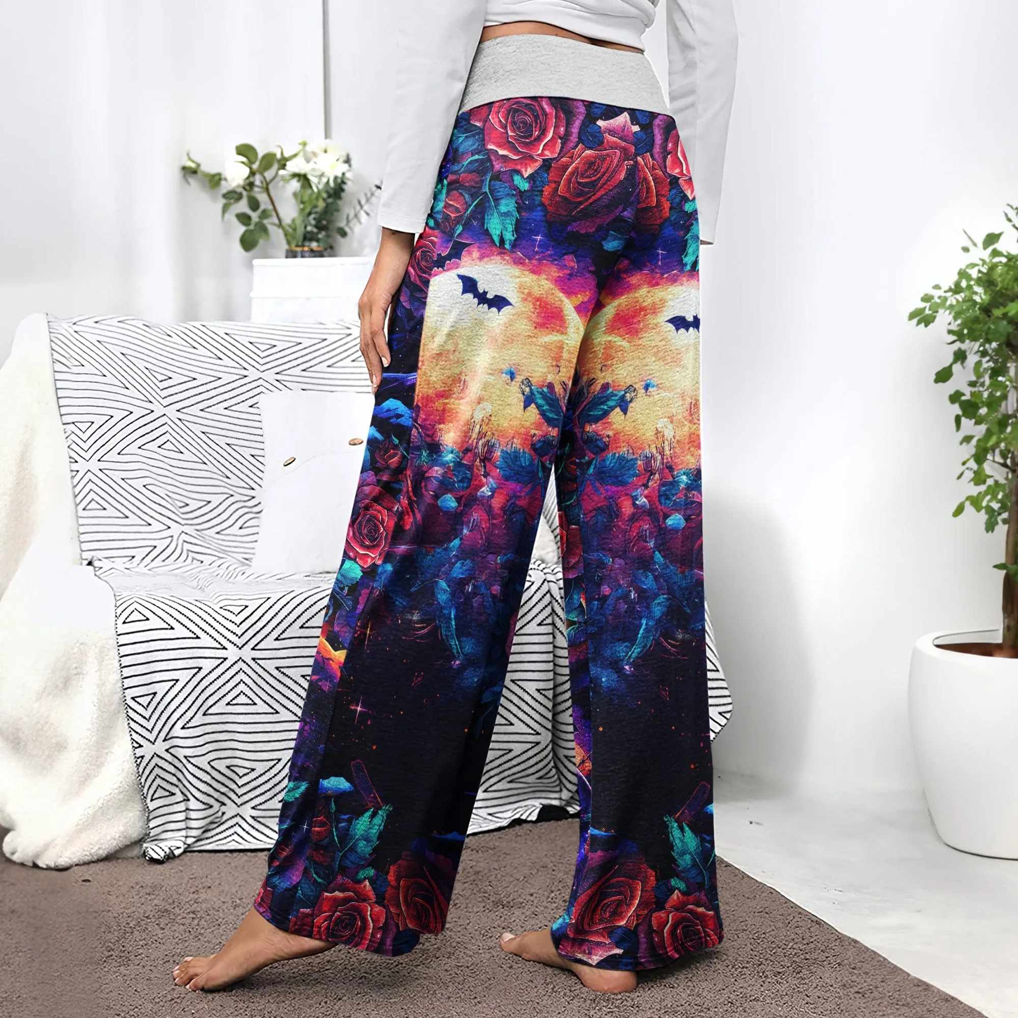 Abstract Skull Lip Rose Women's High-waisted Wide Leg Pants