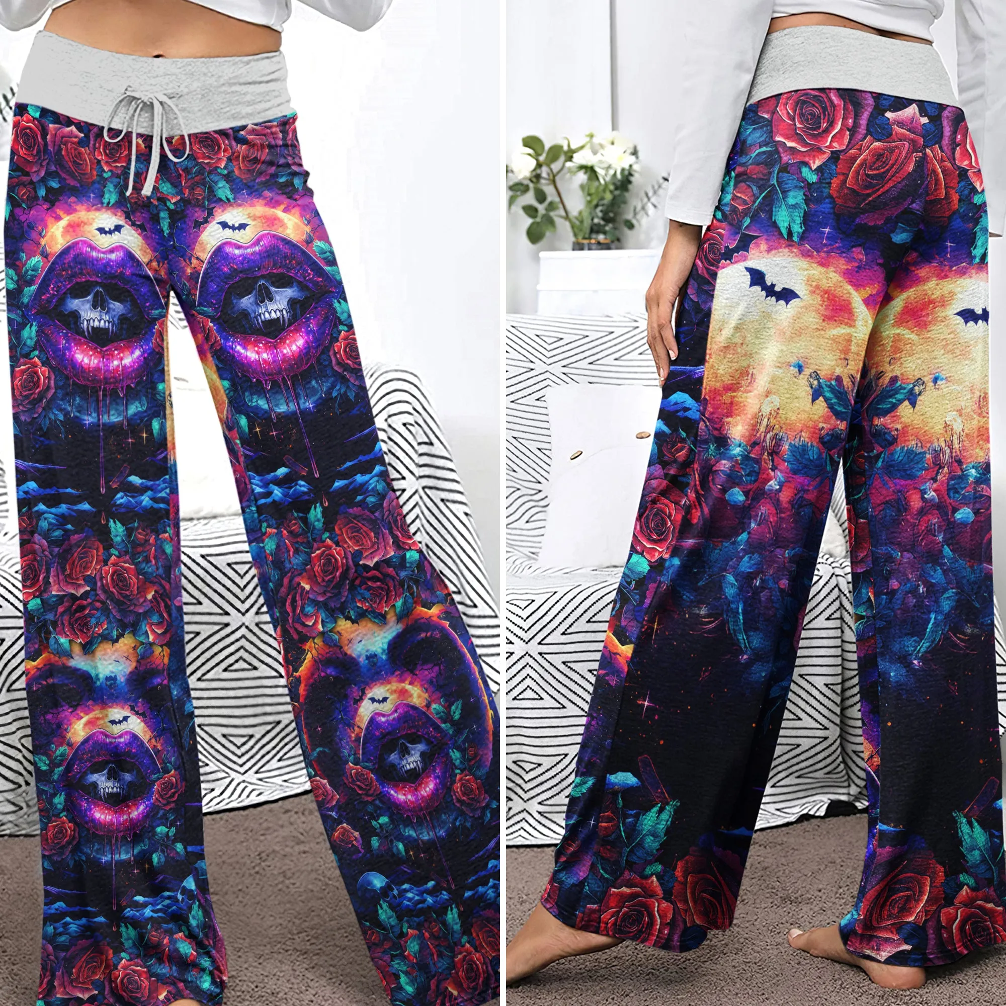 Abstract Skull Lip Rose Women's High-waisted Wide Leg Pants