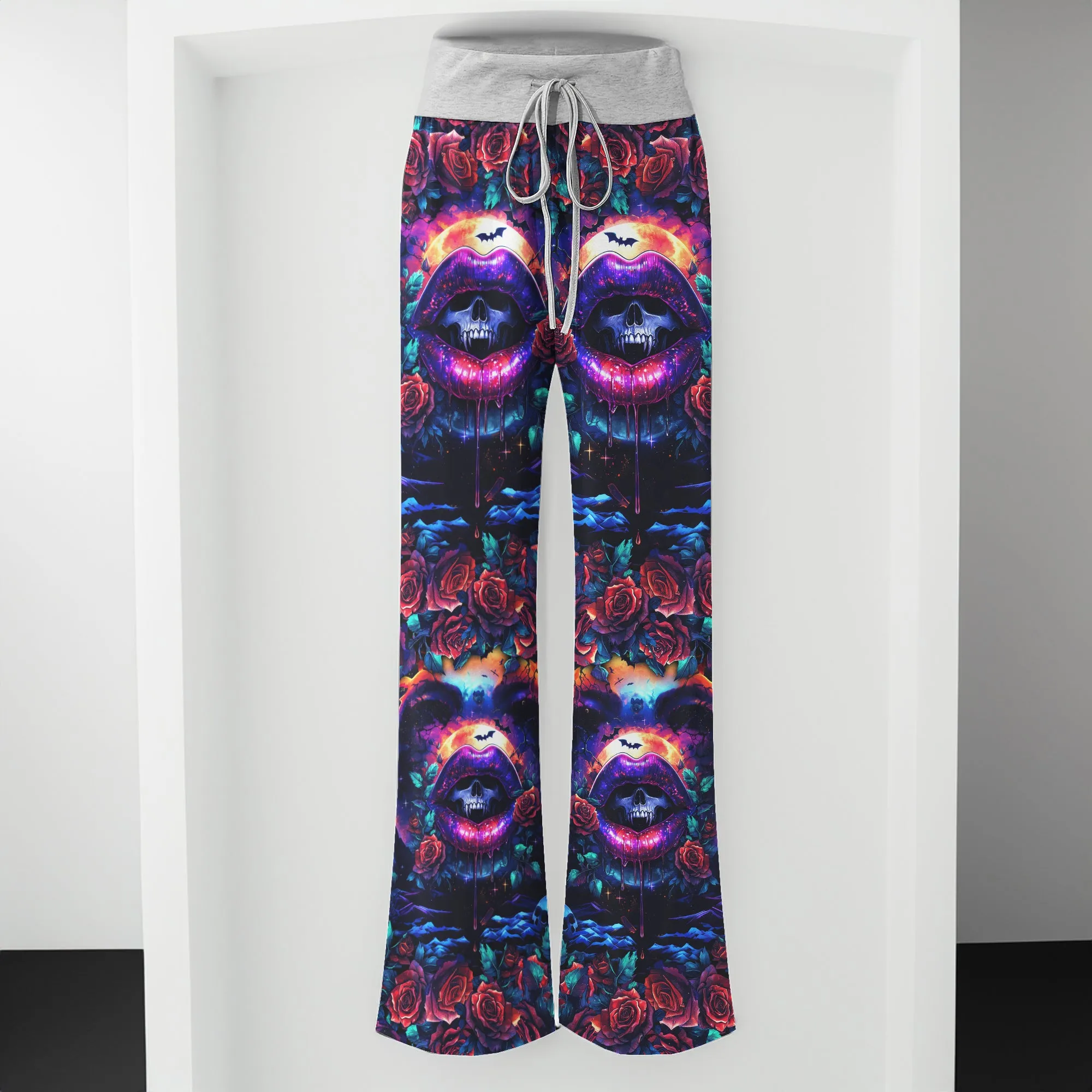 Abstract Skull Lip Rose Women's High-waisted Wide Leg Pants