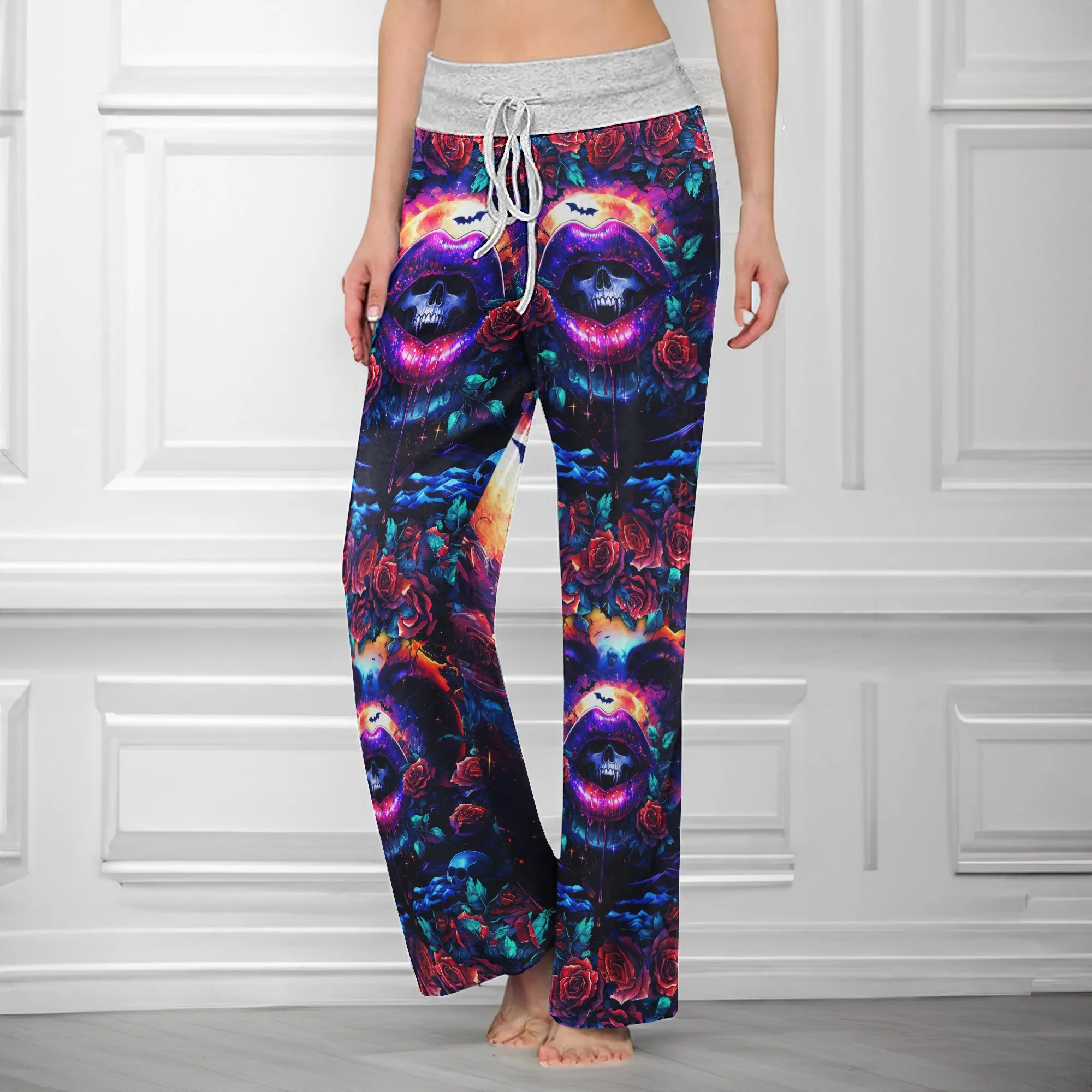 Abstract Skull Lip Rose Women's High-waisted Wide Leg Pants