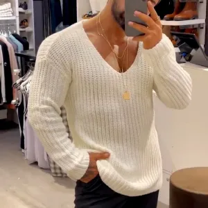 Aidase Mens Casual V-Neck Solid Sweater Autumn Winter Fashion Knitted Pullover Tops For Men Harajuku Long Sleeve Jumper Streetwear