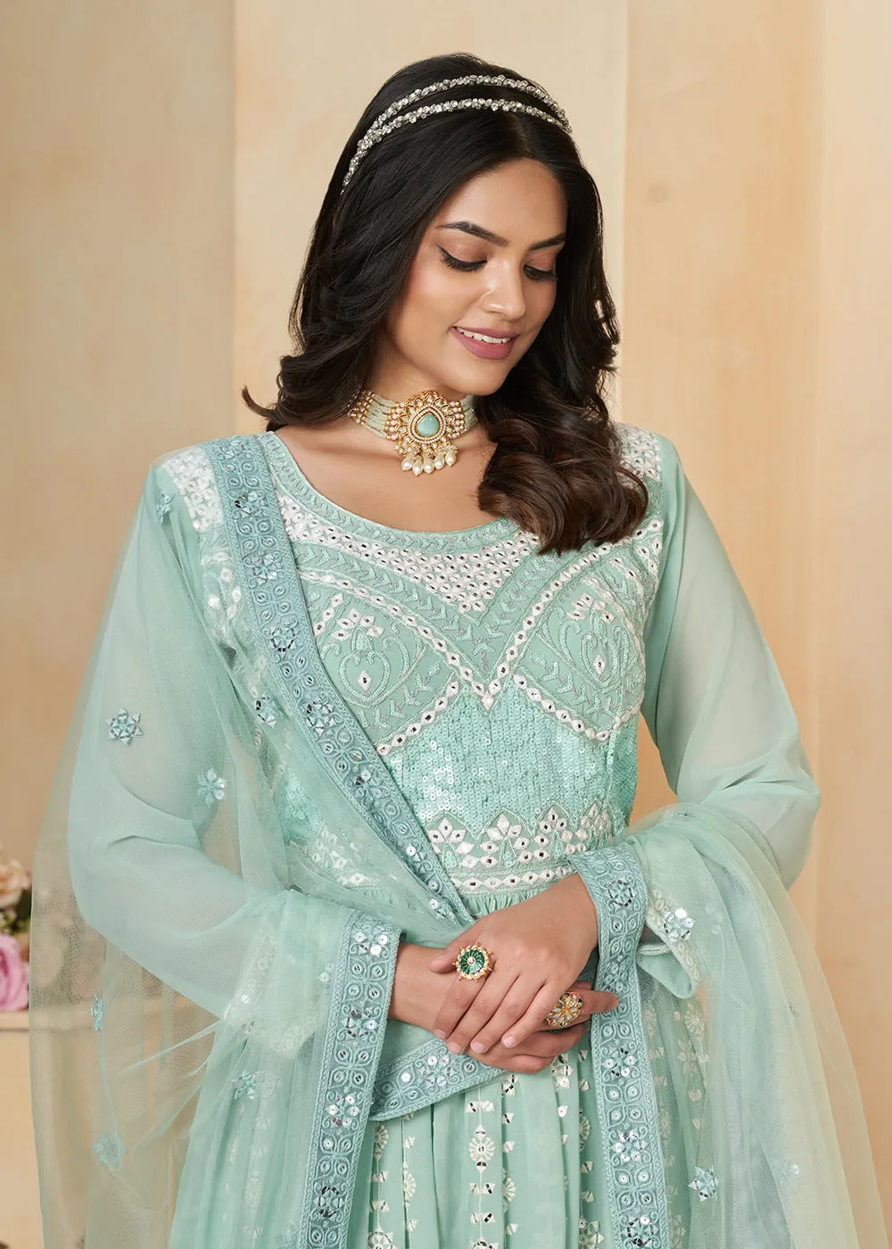 Aqua Blue Georgette Embroidered Wedding Anarkali Suit