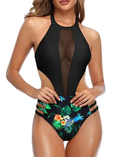 Attractive Cutout Strap Design Sexy One Piece Bathing Suit For Women-Black Pineapple