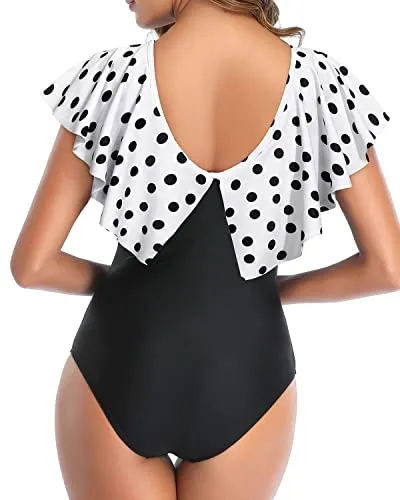 Bathing Suit Ruffle Shoulders For Tummy Control-White Black Polka Dots