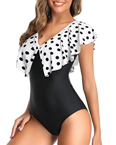 Bathing Suit Ruffle Shoulders For Tummy Control-White Black Polka Dots