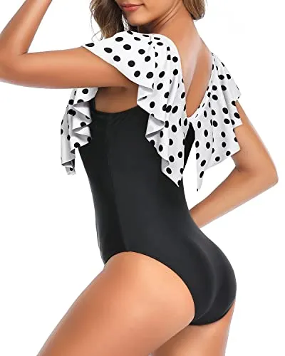 Bathing Suit Ruffle Shoulders For Tummy Control-White Black Polka Dots