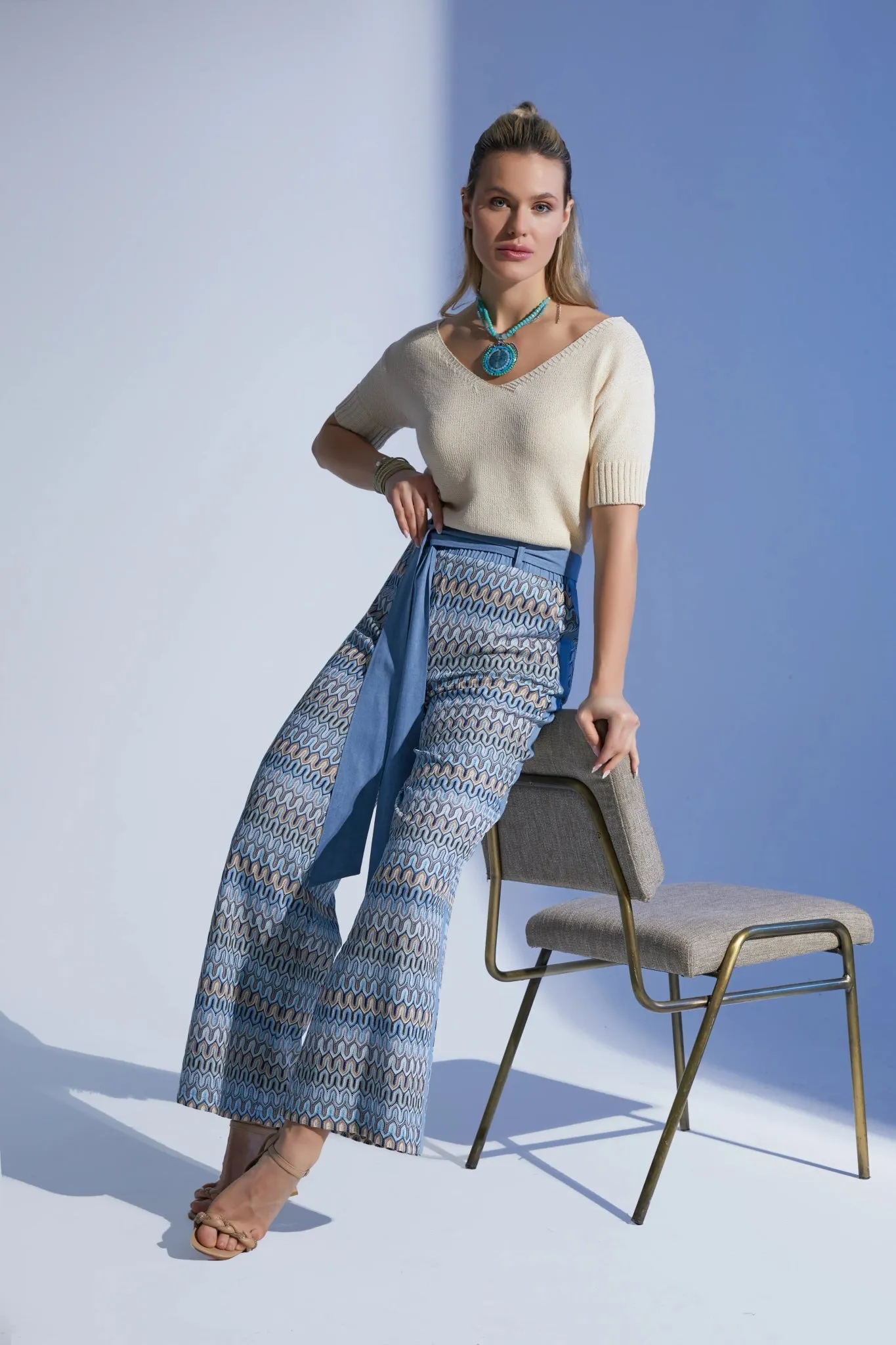 Blue and Colorful Pattern Wide-Leg High-Waist Pants with Belt