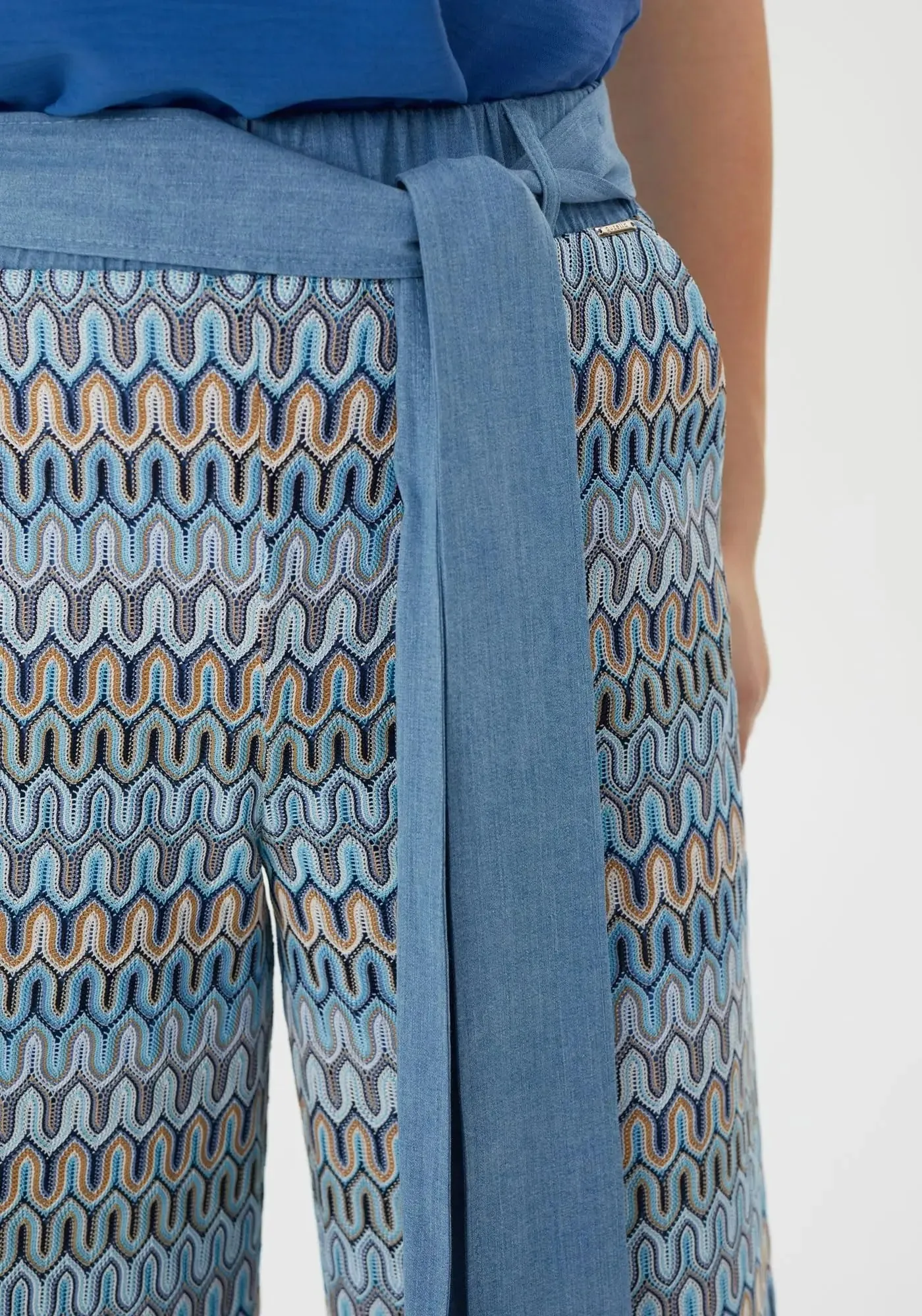 Blue and Colorful Pattern Wide-Leg High-Waist Pants with Belt