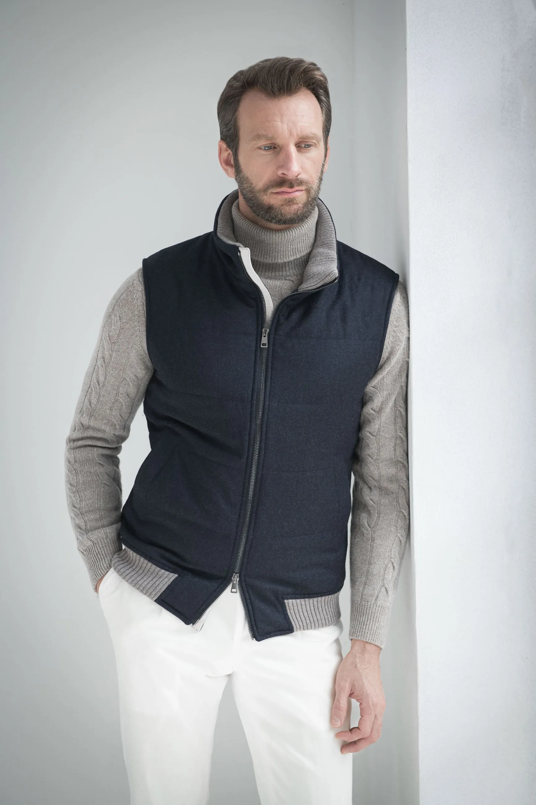 Blue down vest in Loro Piana wool & cashmere – Made in Italy