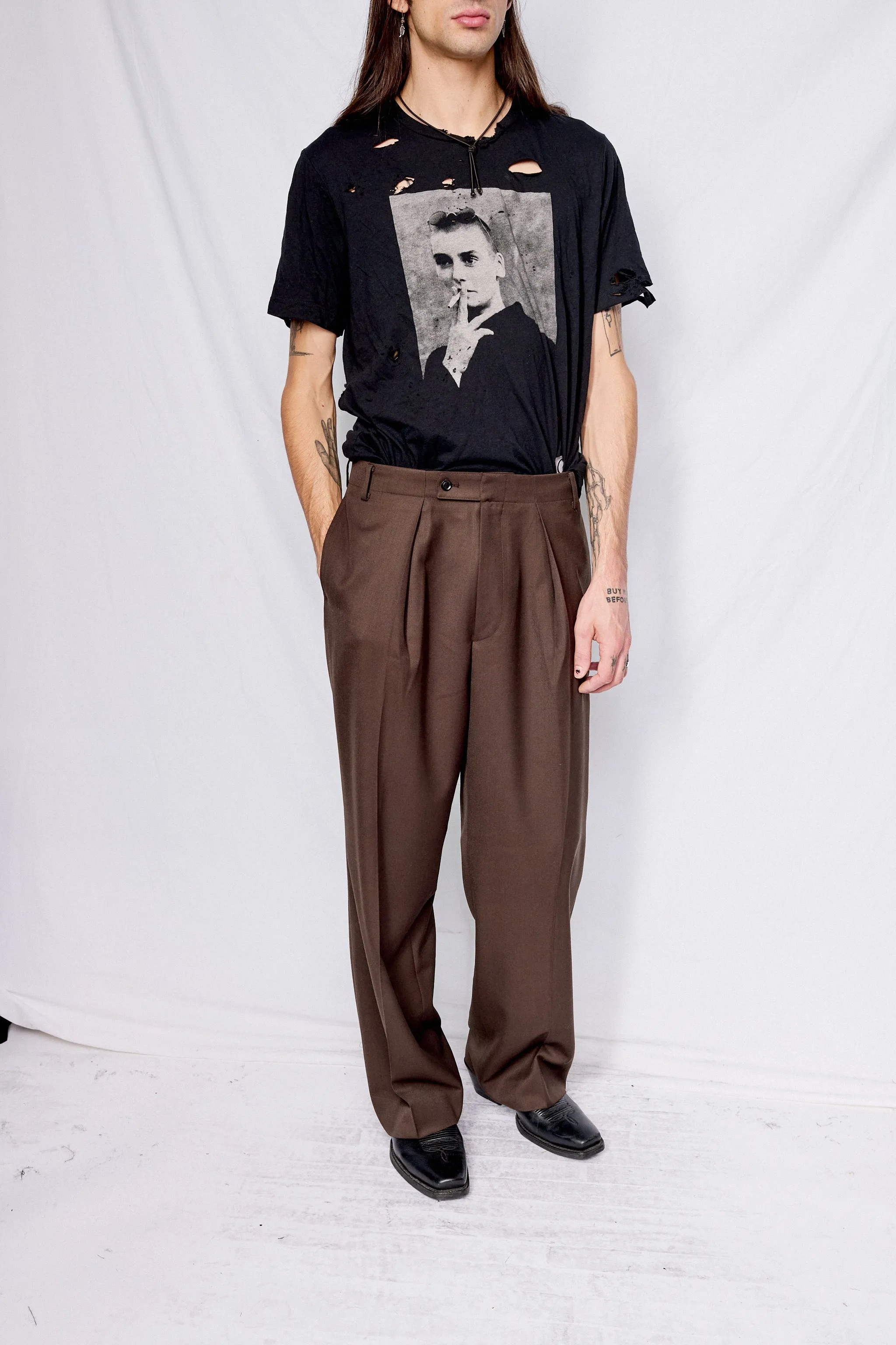 Brown Wool Twill Pleated Wide Trousers