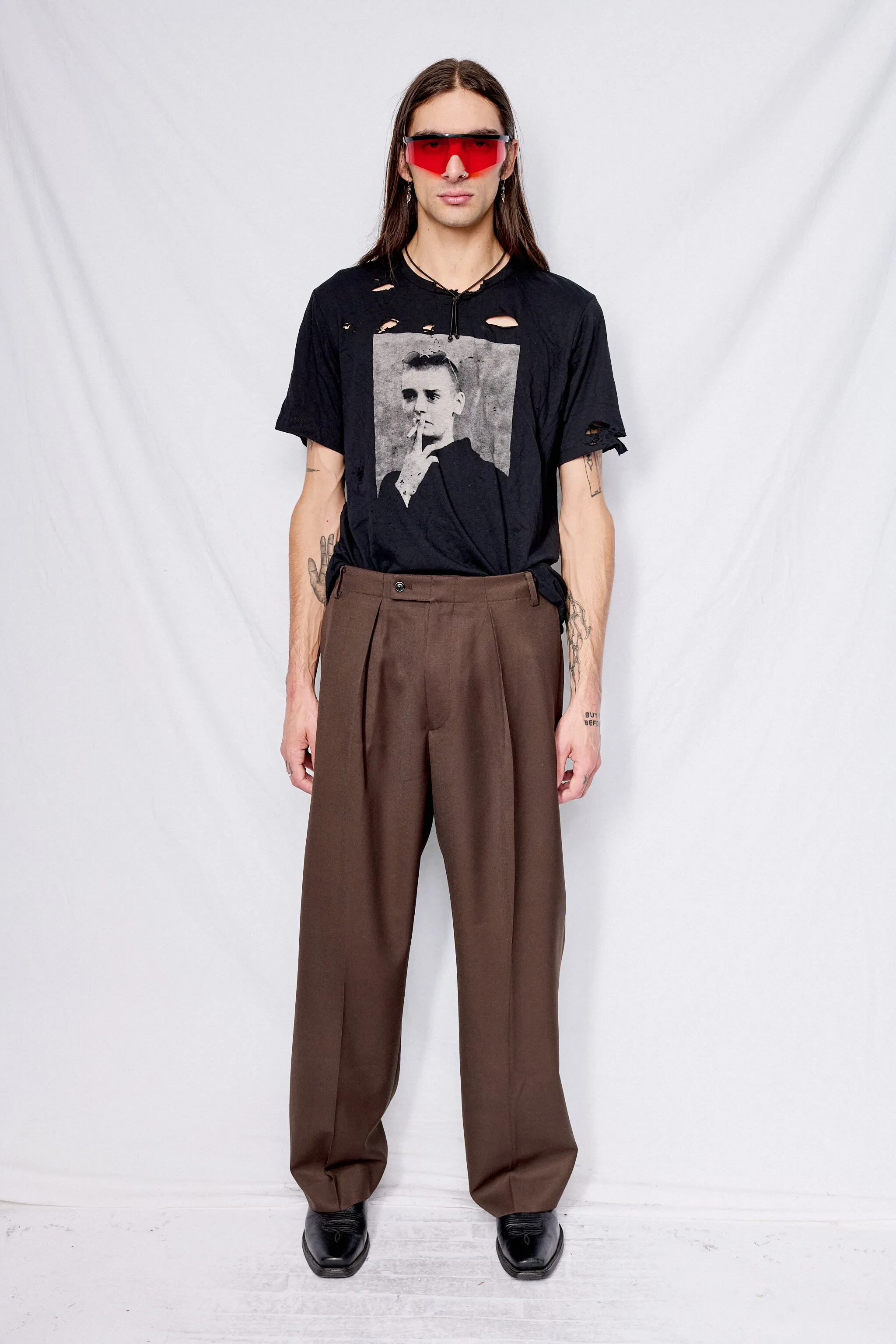 Brown Wool Twill Pleated Wide Trousers