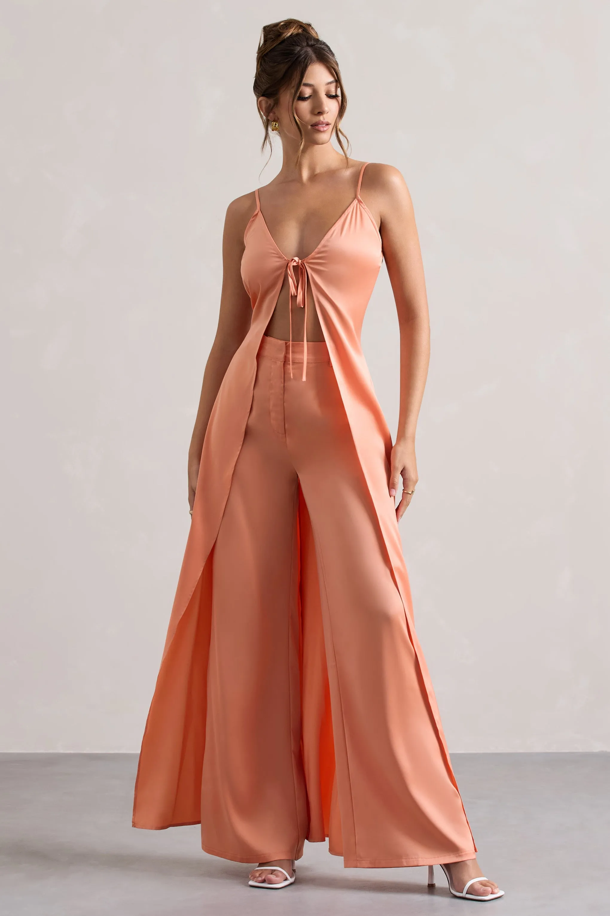 Calvi | Peach Satin Longline Cami Top With Split Front