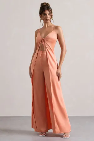 Calvi | Peach Satin Longline Cami Top With Split Front