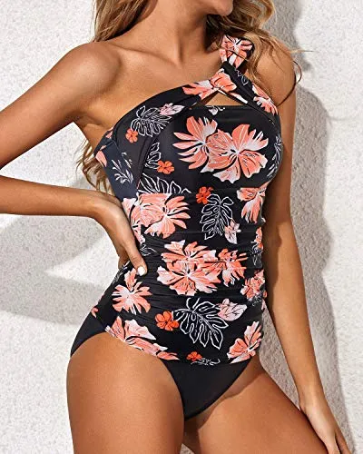 Chubby Girls & Young Moms Two Piece Tankini Bathing Suits For Women-Black Orange Floral