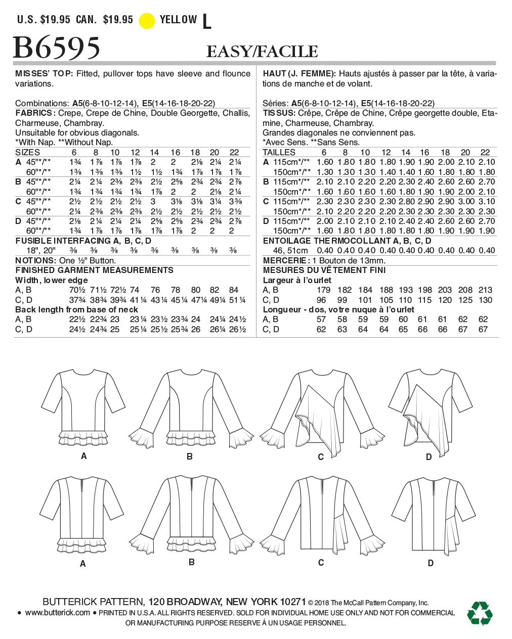 CLEARANCE • BUTTERICK PATTERN MISSES' TOP 6595