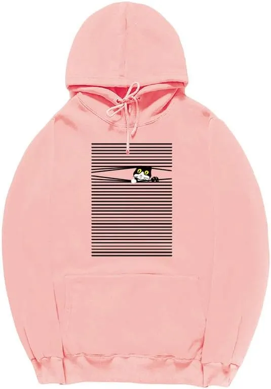 CORIRESHA Funny Cat Hoodie Long Sleeve Drawstring Kangaroo Pocket Striped Sweatshirt