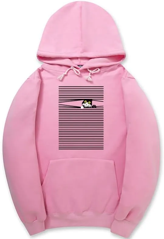 CORIRESHA Funny Cat Hoodie Long Sleeve Drawstring Kangaroo Pocket Striped Sweatshirt