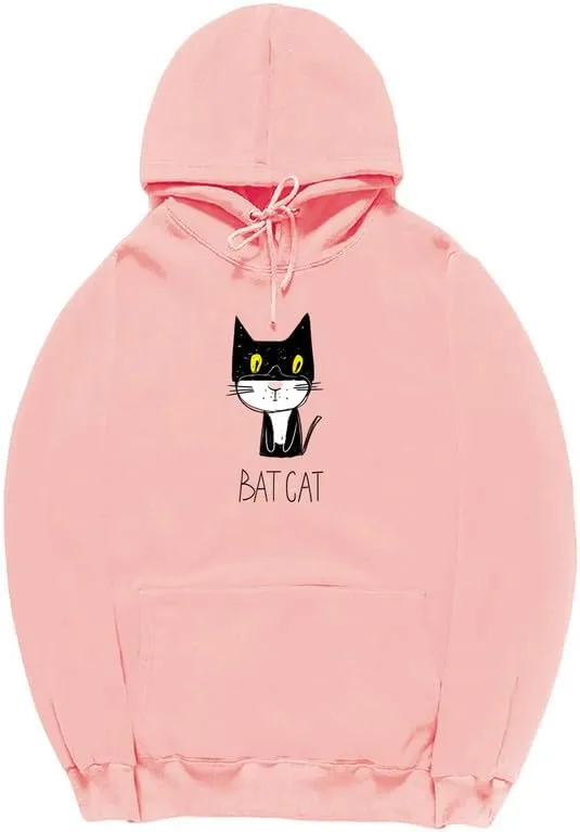 CORIRESHA Teen Funny Bat Cat Hoodie Long Sleeve Drawstring Kangaroo Pocket Cotton Sweatshirt