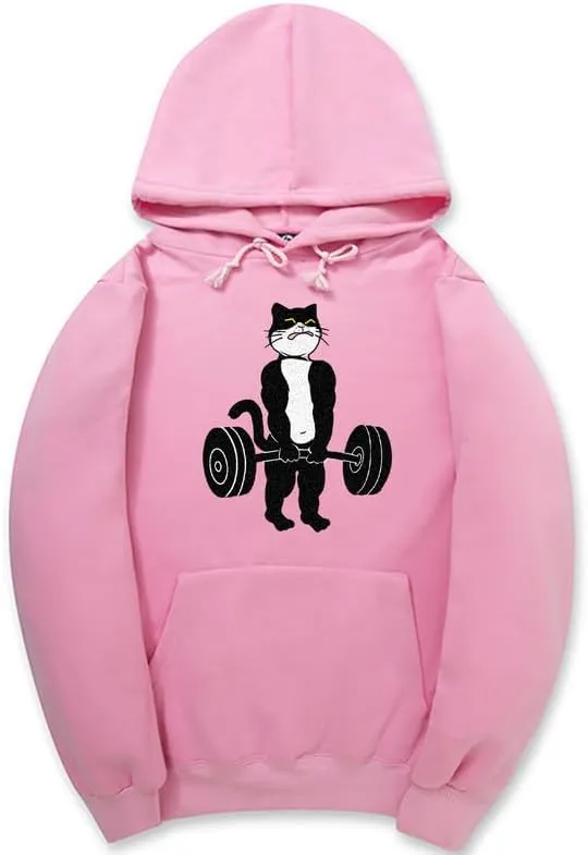 CORIRESHA Unisex Weightlifting Cat Hoodie Long Sleeve Drawstring Kangaroo Pocket Cotton Sweatshirt