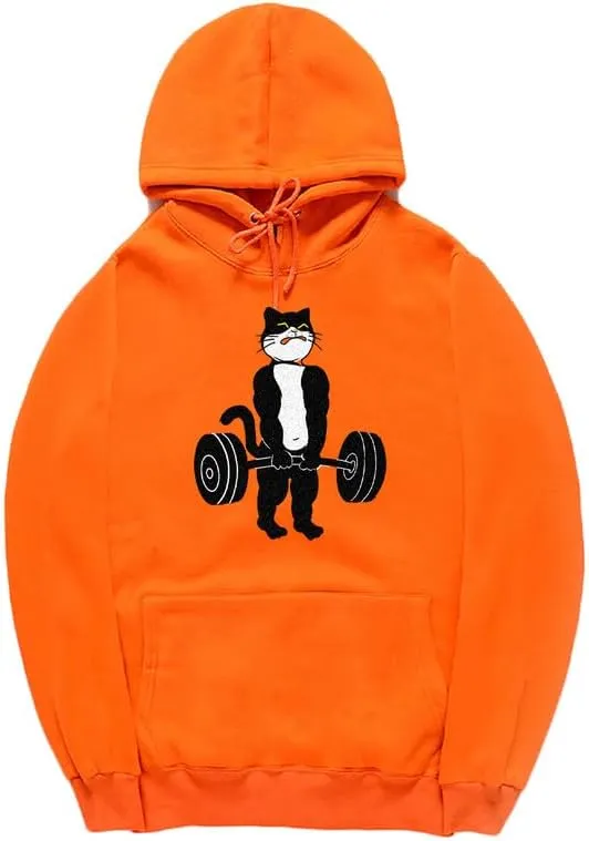 CORIRESHA Unisex Weightlifting Cat Hoodie Long Sleeve Drawstring Kangaroo Pocket Cotton Sweatshirt