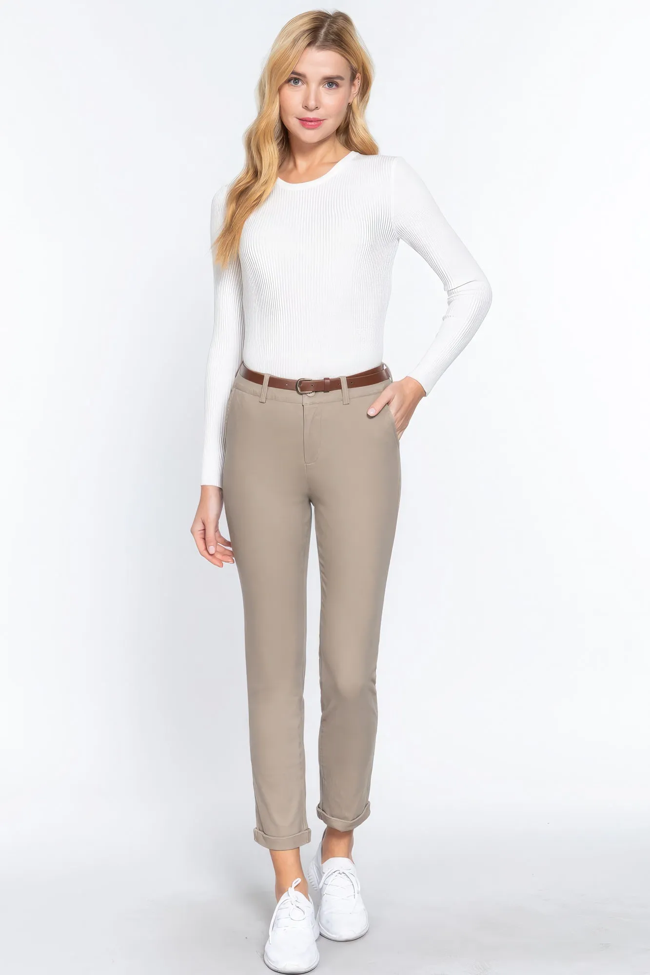 Cotton-span Twill Belted Long Pants