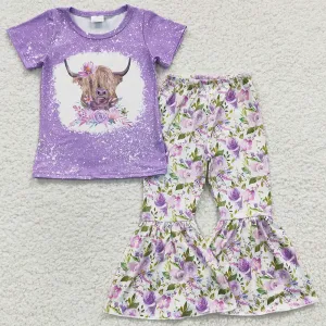 Cow Print Fashion Girls Clothes Flower Print Spring Baby Girls Bell Bottoms Outfits GSPO0264