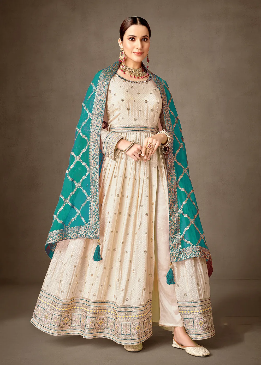 Cream & Teal Pure Silk Jacquard Slit Style Anarkali Dress