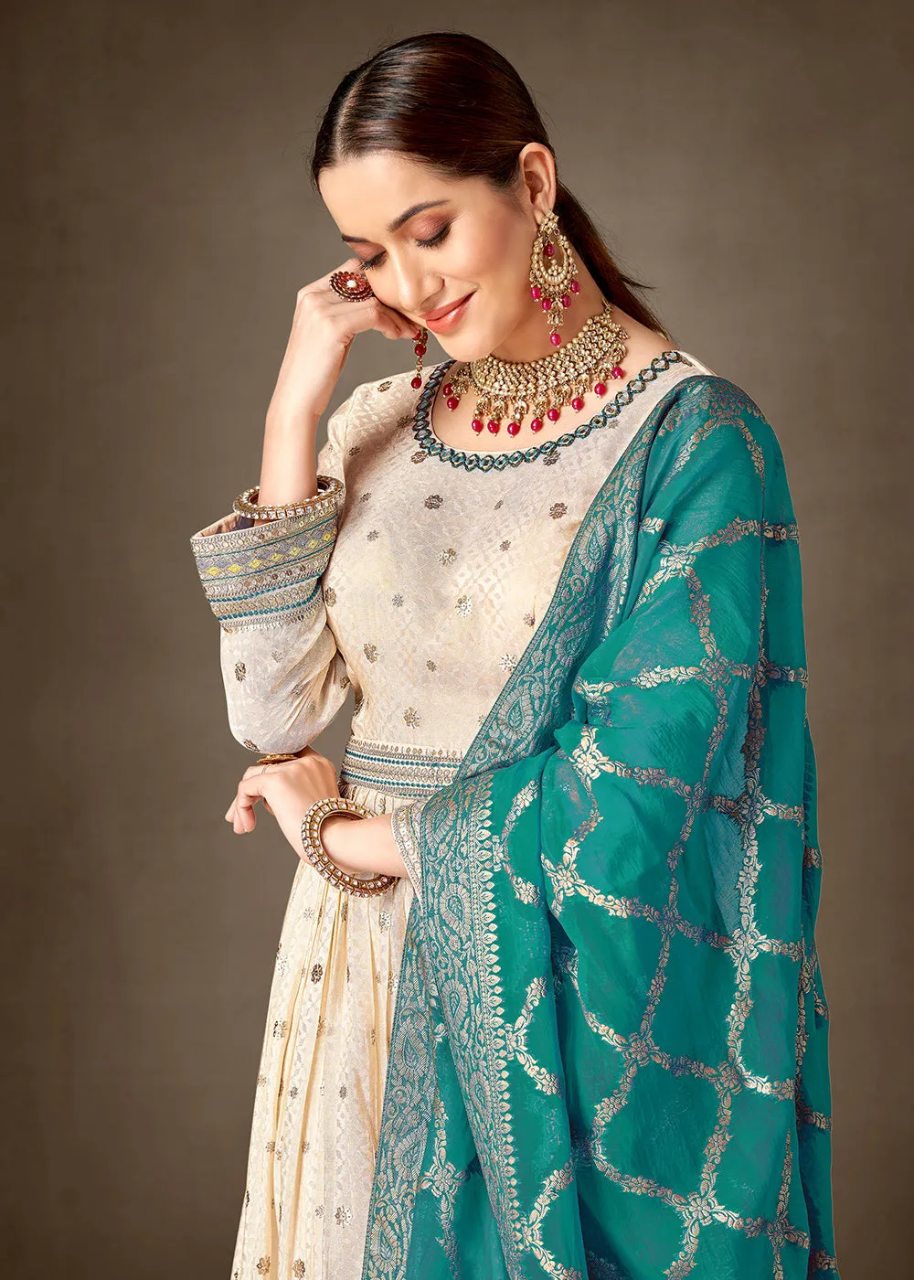 Cream & Teal Pure Silk Jacquard Slit Style Anarkali Dress