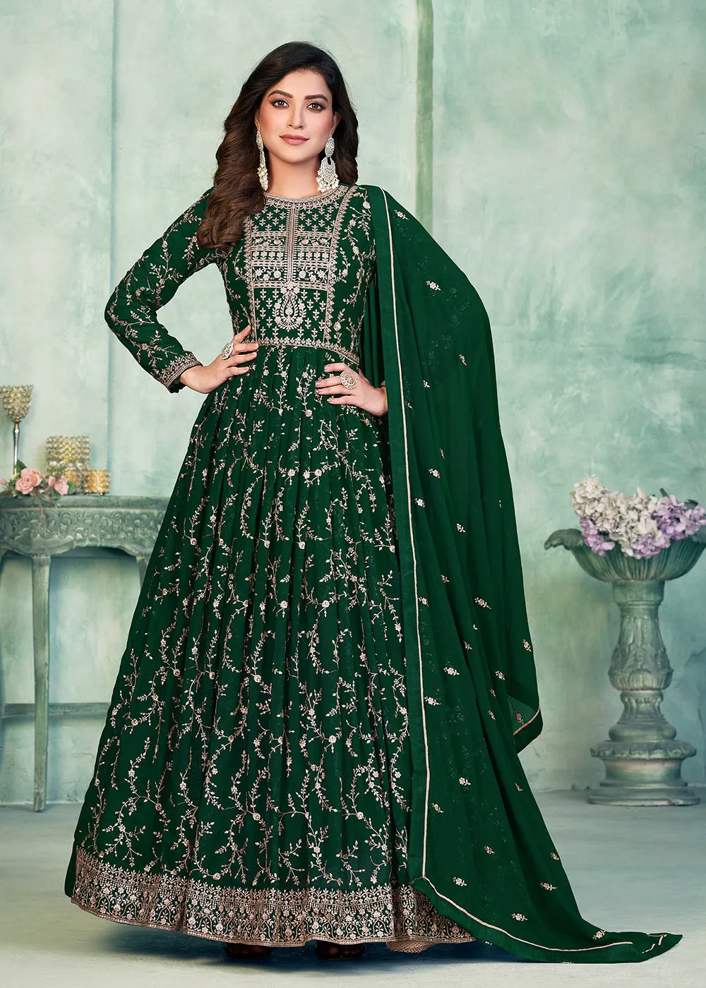 Designer Green Embroidered Wedding Party Anarkali Suit