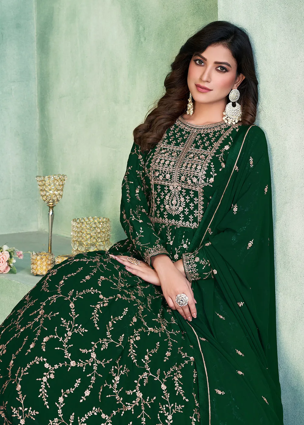 Designer Green Embroidered Wedding Party Anarkali Suit