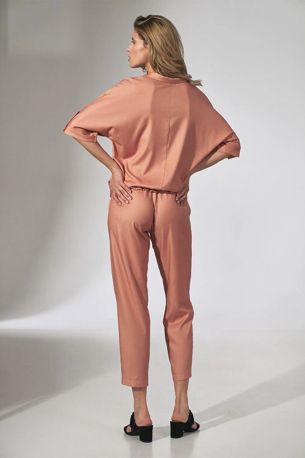 Elegant Beige Tapered Trousers with Stitched Edges and Elastic Waistband