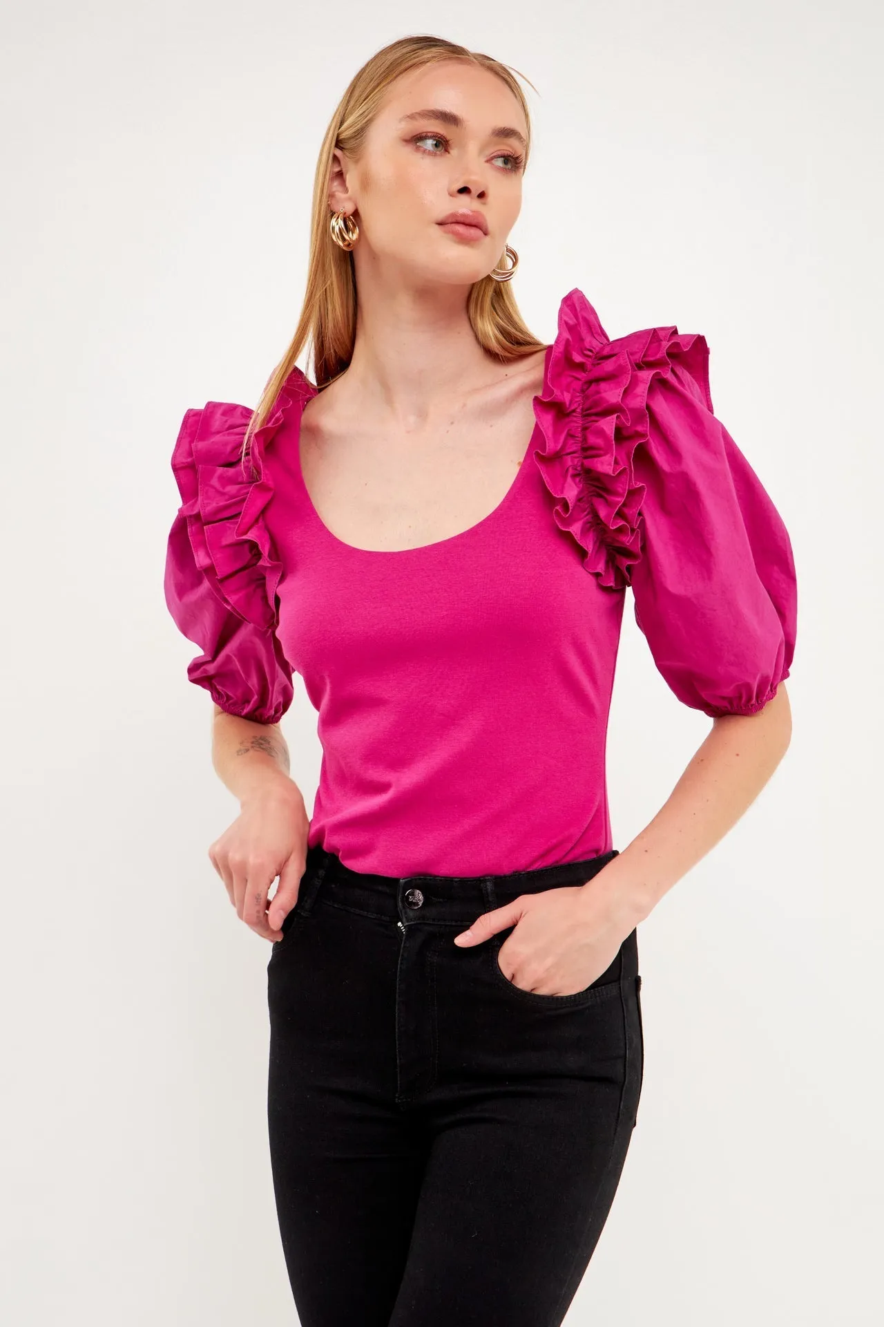 Endless Rose - Mixed Media Ruffle Detail Fitted Top