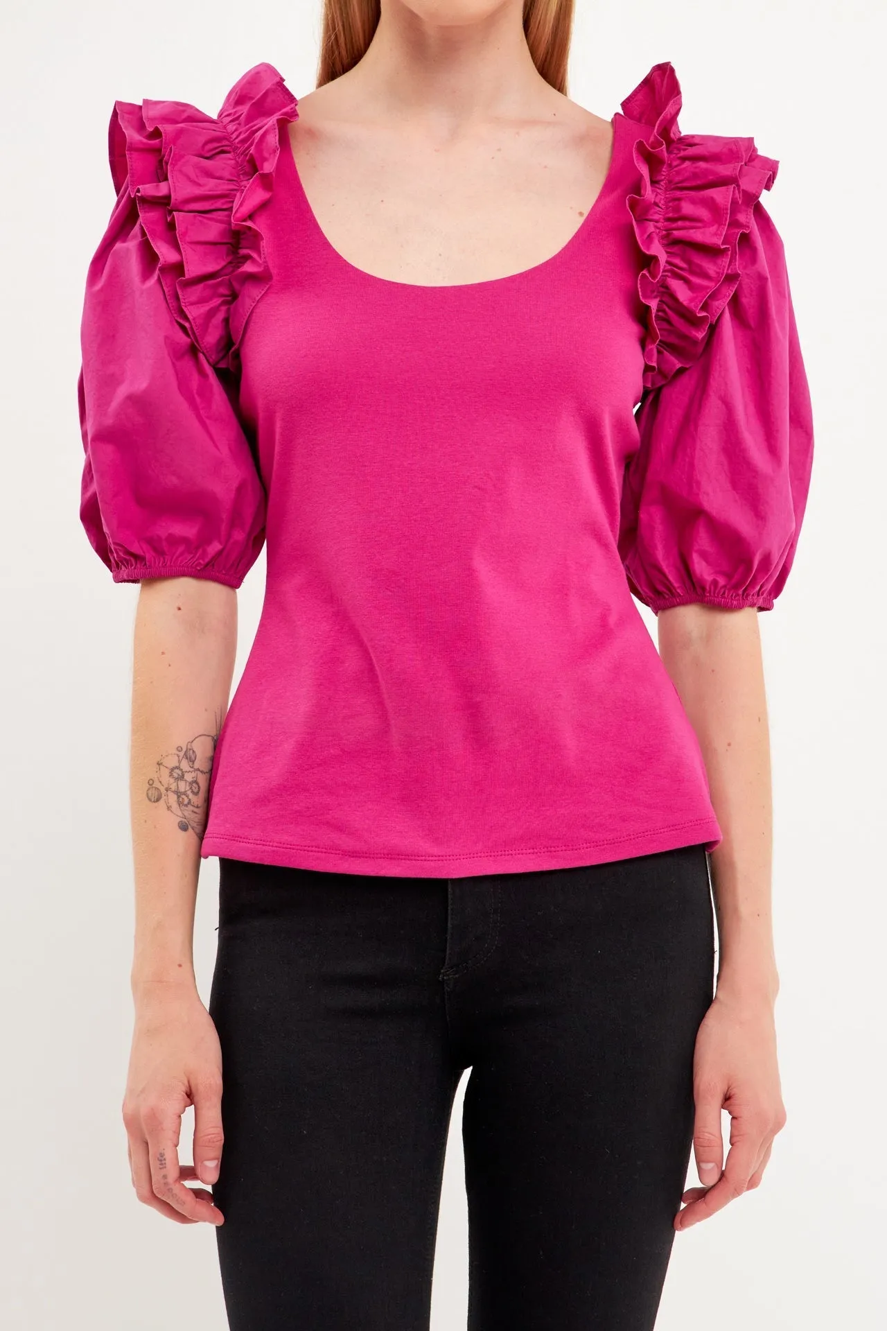 Endless Rose - Mixed Media Ruffle Detail Fitted Top