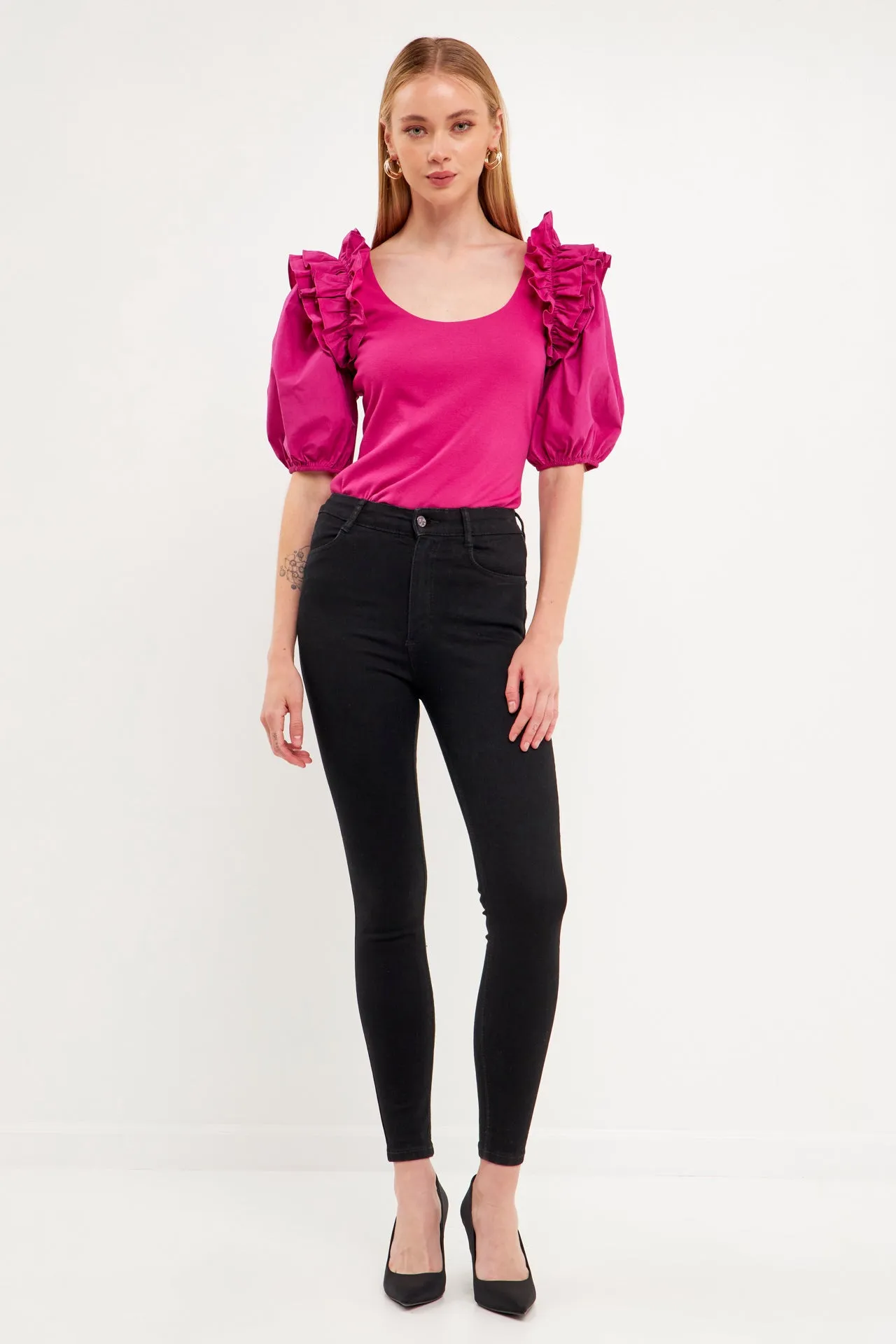 Endless Rose - Mixed Media Ruffle Detail Fitted Top