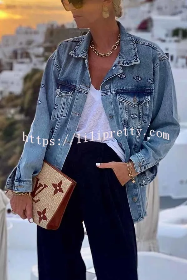 Eye Contact Creative Print Distressed Trim Relaxed Denim Jacket