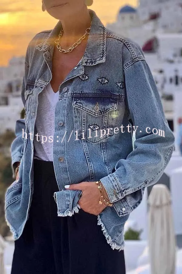 Eye Contact Creative Print Distressed Trim Relaxed Denim Jacket