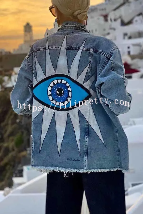 Eye Contact Creative Print Distressed Trim Relaxed Denim Jacket