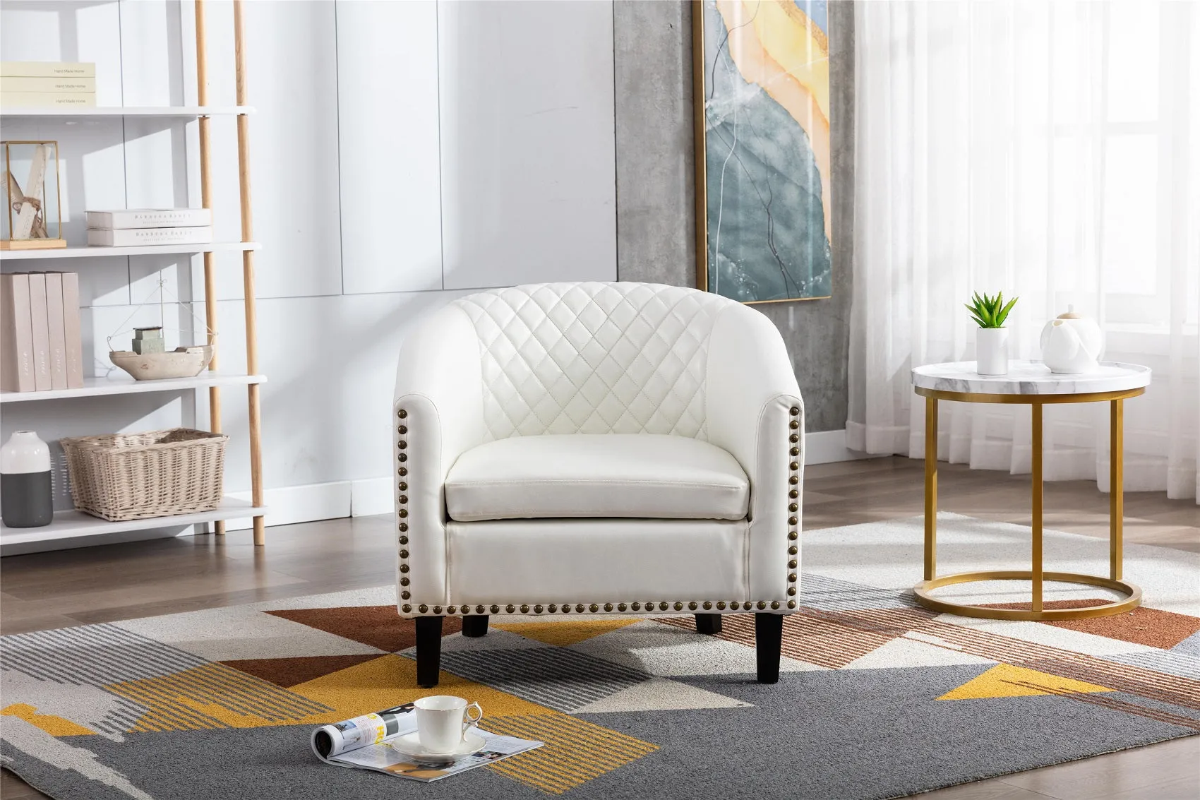 Fablise Accent Barrel Armchair with Nailheads in White Faux Leather