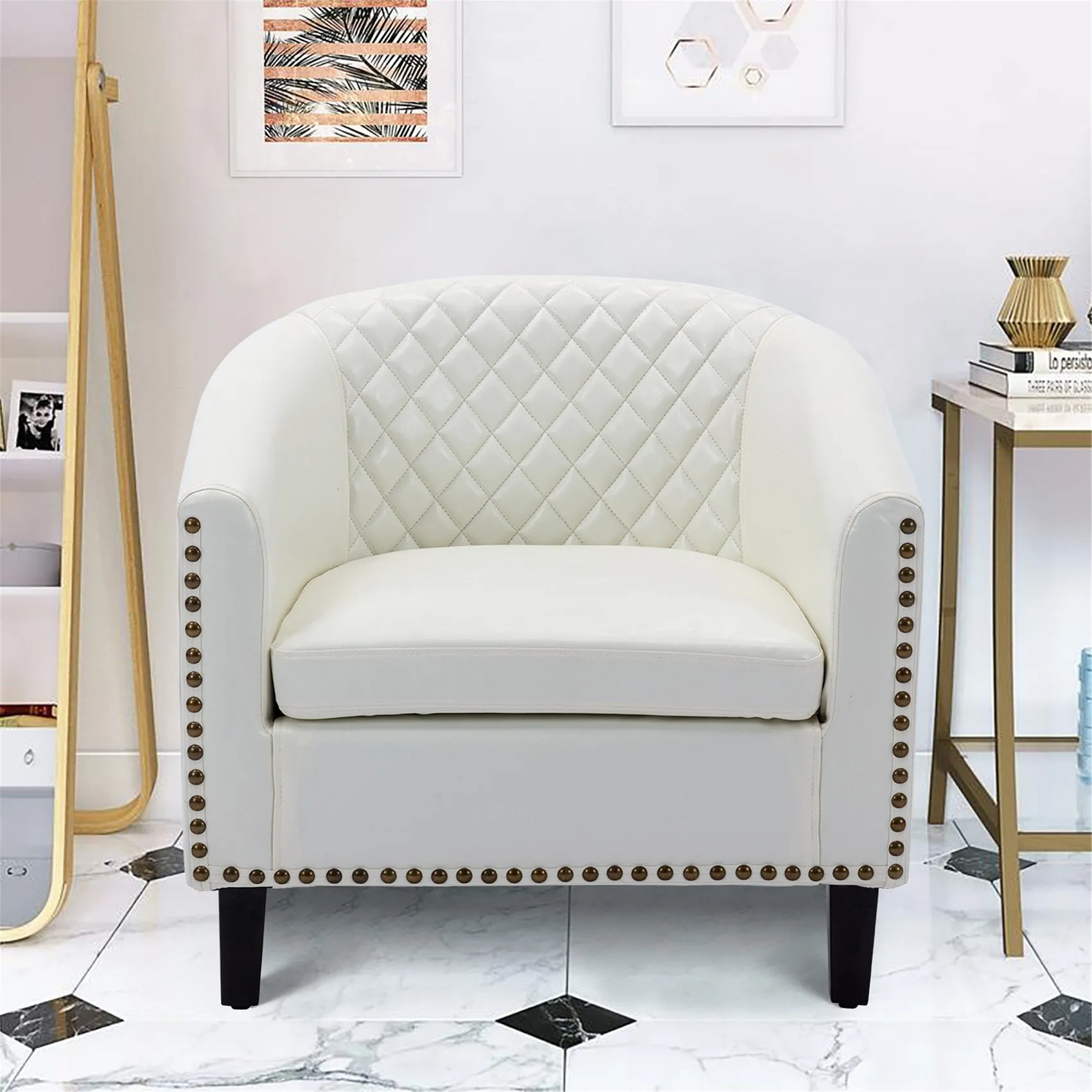 Fablise Accent Barrel Armchair with Nailheads in White Faux Leather