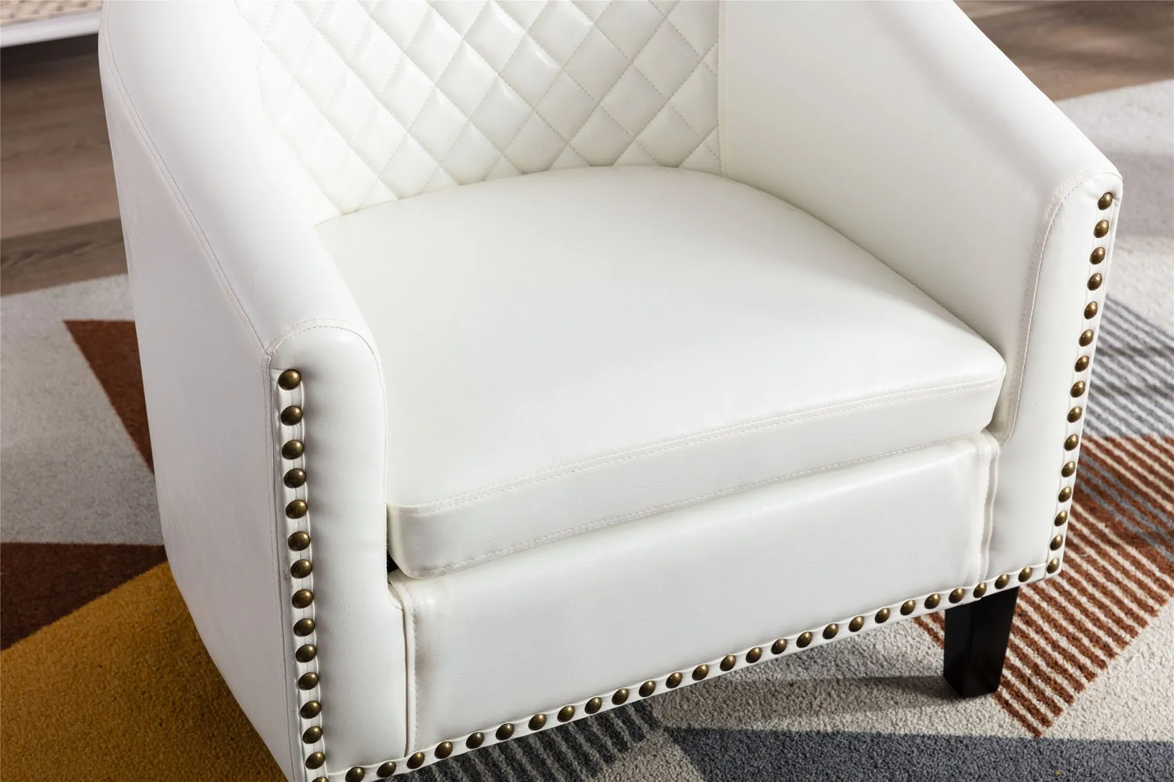 Fablise Accent Barrel Armchair with Nailheads in White Faux Leather