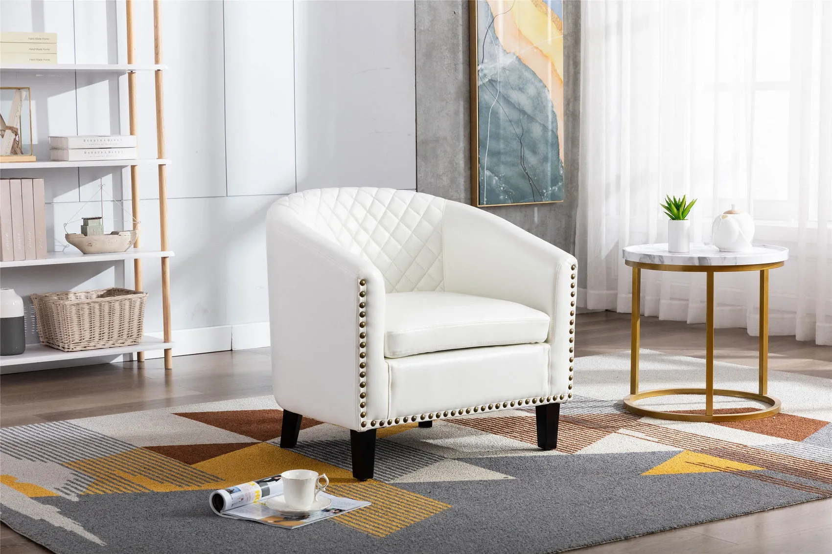 Fablise Accent Barrel Armchair with Nailheads in White Faux Leather