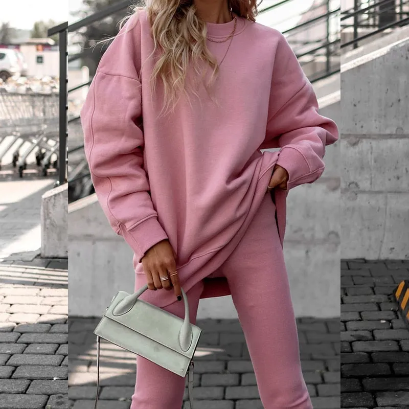 Fashionkova  Elegant Tracksuit Sweatshirt Suits Casual O-Neck Long Sleeve Pullover And Chino Pants Sets Women Fashion Solid Two Piece Outfits