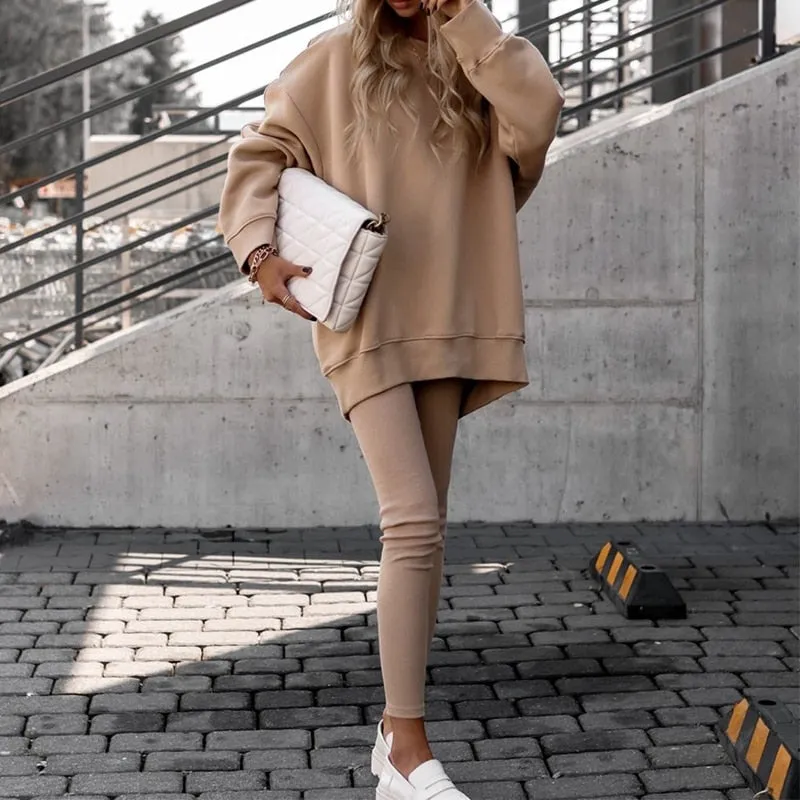 Fashionkova  Elegant Tracksuit Sweatshirt Suits Casual O-Neck Long Sleeve Pullover And Chino Pants Sets Women Fashion Solid Two Piece Outfits