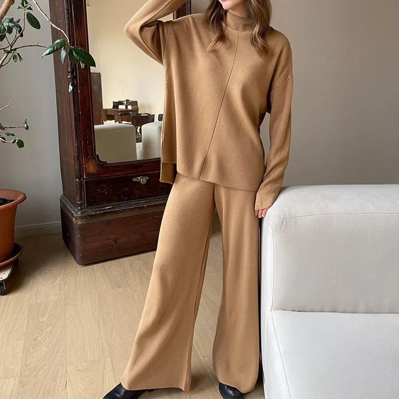 Fashionkova  Winter Casual Two Piece Sets Womens Outifits Loose Knitted Sweater Top And Wide Leg Pants Suits Green Elegant Female Tracksuit